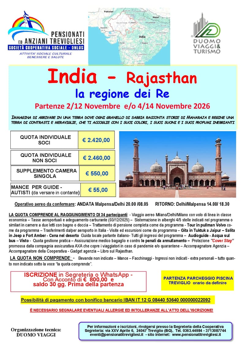 VIAGGIO IN  Rajasthan - La regione dei Re - INDIA - 1° TURNO dal 02 al 14 novembre 2026