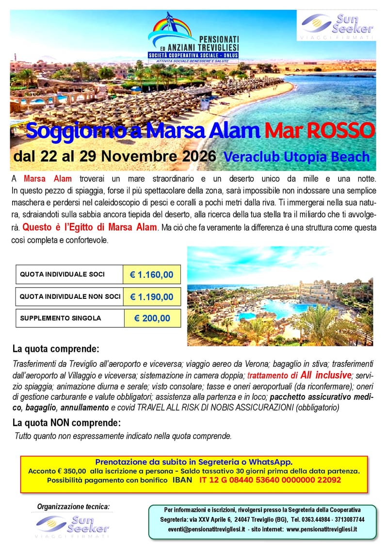 Soggiorno a Marsa Alam - SUL Mar ROSSO - EGITTO         dal 22 al 29 Novembre 2026