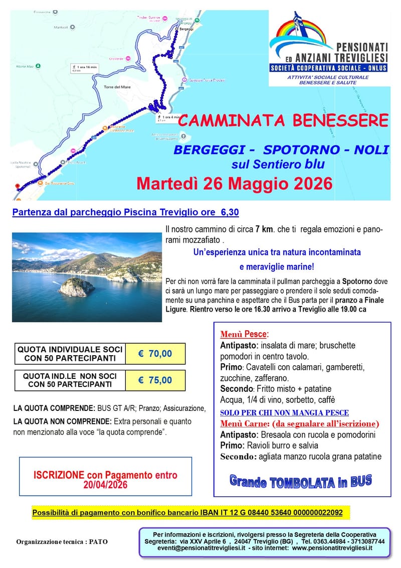 CAMMINATA BENESSERE   BERGEGGI -  SPOTORNO - NOLI  sul Sentiero blu  Martedì 26 Maggio 2026