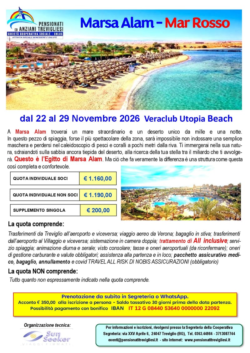 Soggiorno a Marsa Alam - SUL Mar ROSSO - EGITTO         dal 22 al 29 Novembre 2026