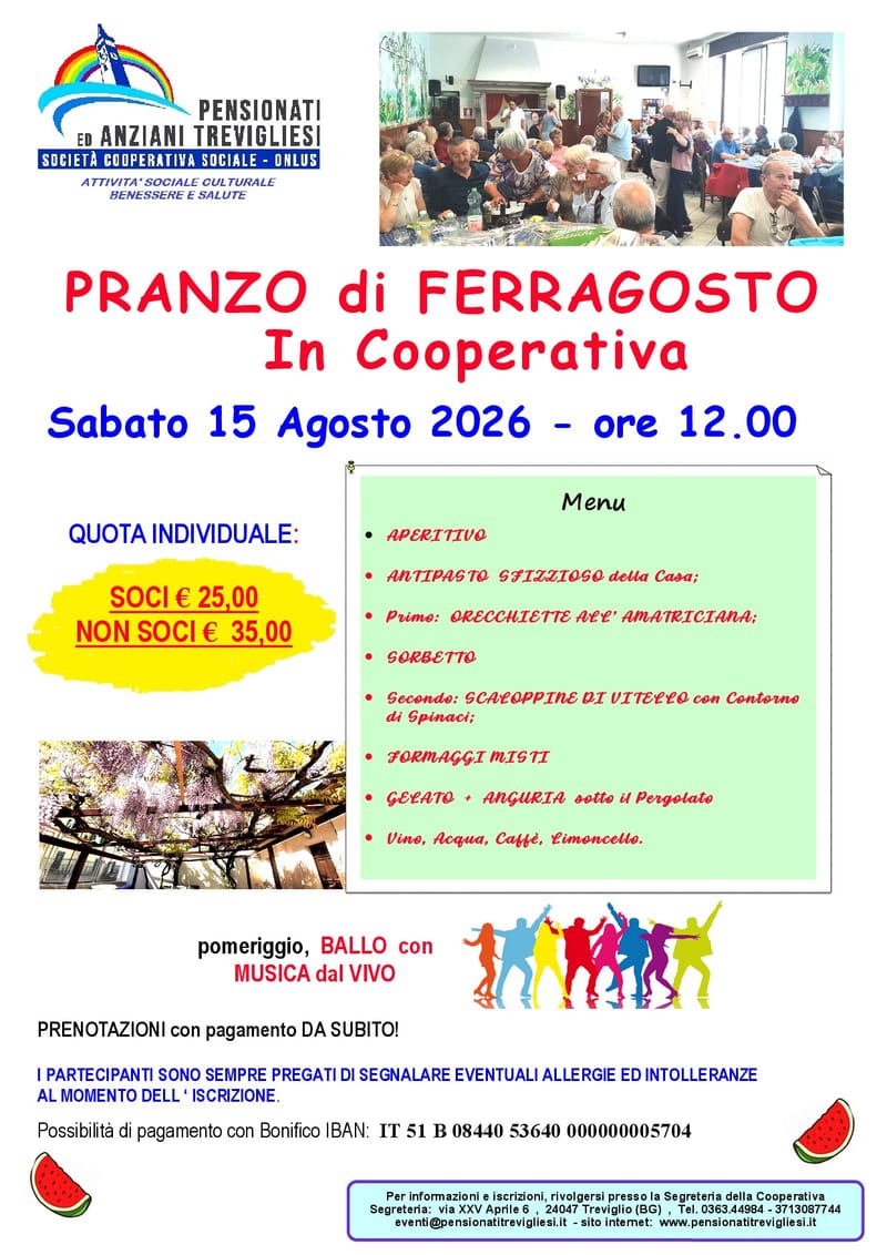 PRANZO di FERRAGOSTO   In Cooperativa - Sabato 15 Agosto 2026