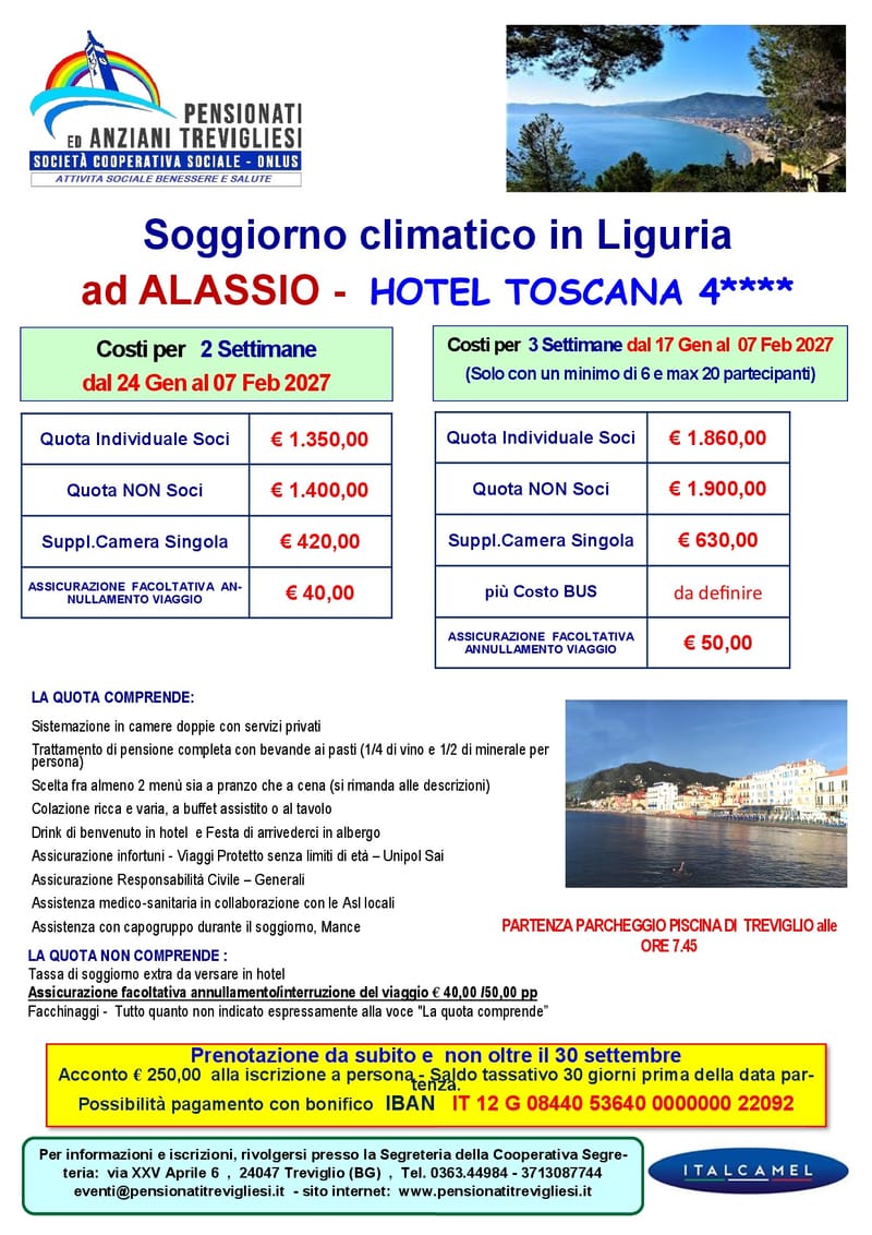 Soggiorno climatico in Liguria ad ALASSIO - 17 Gen - 07  Feb 2027 - Novita'!