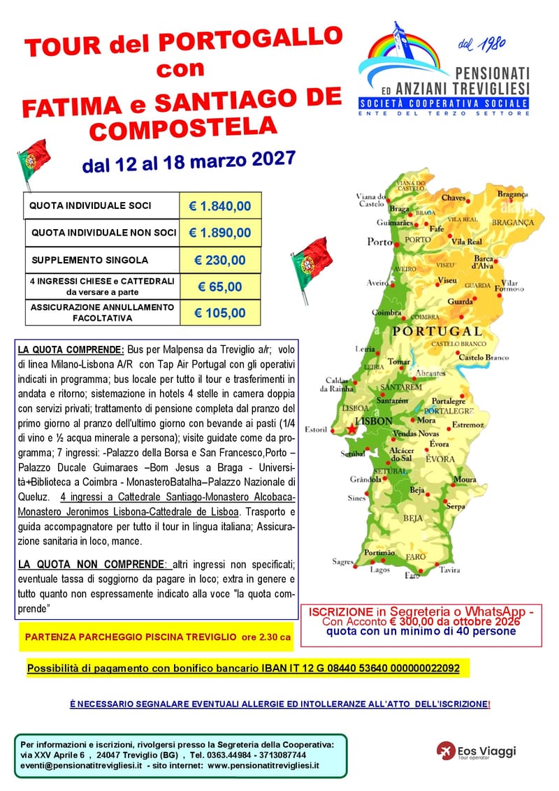 Tour del PORTOGALLO CON  FATIMA E SANTIAGO DE COMPOSTELA - DAL 12 AL 18 MARZO 2027