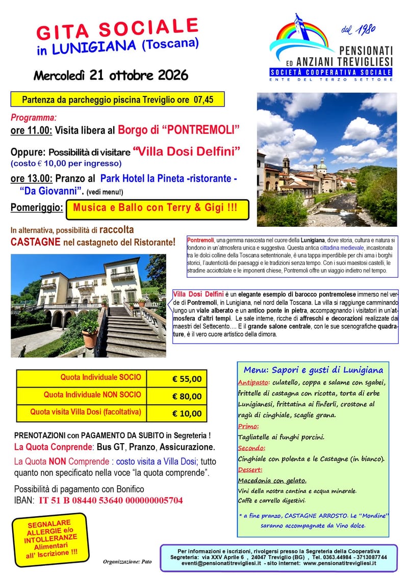 GITA SOCIALE in LUNIGIANA (Toscana) - MERCOLEDì 21 OTTOBRE 2026