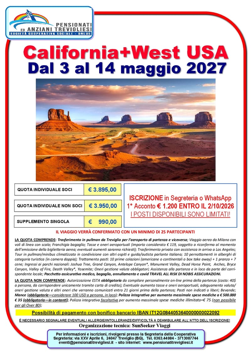 TOUR DELLA California+West USA - DAL 03 AL 14 MAGGIO 2027