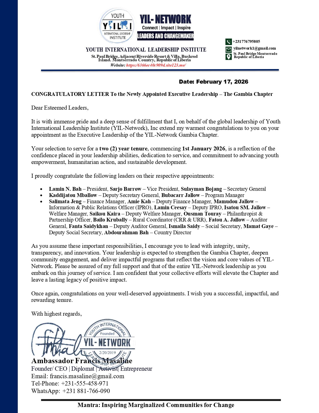 YIL-Network Welcomes Newly elected Executive Leadership from the Gambia Chapter - Copy