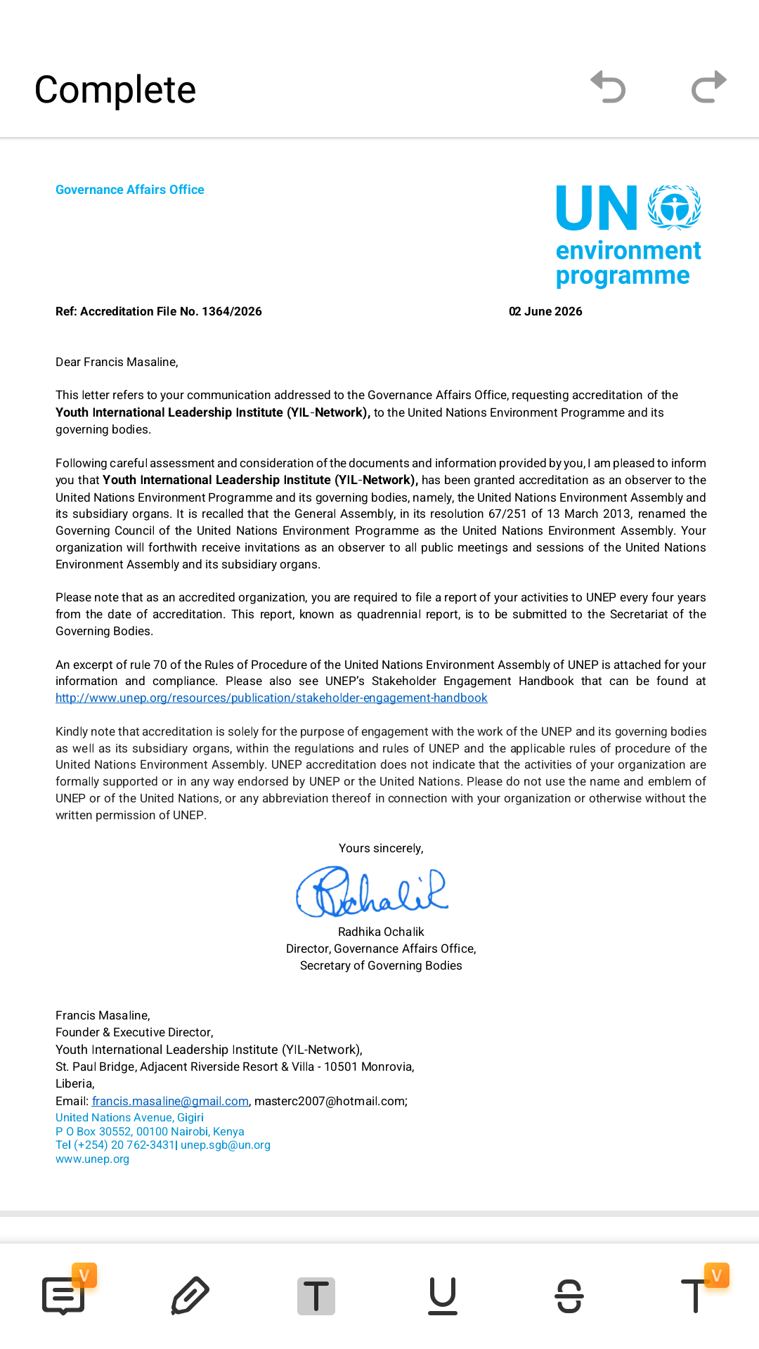 YIL-Network Granted Observer Status
by the United Nations Environment Programme - Copy
