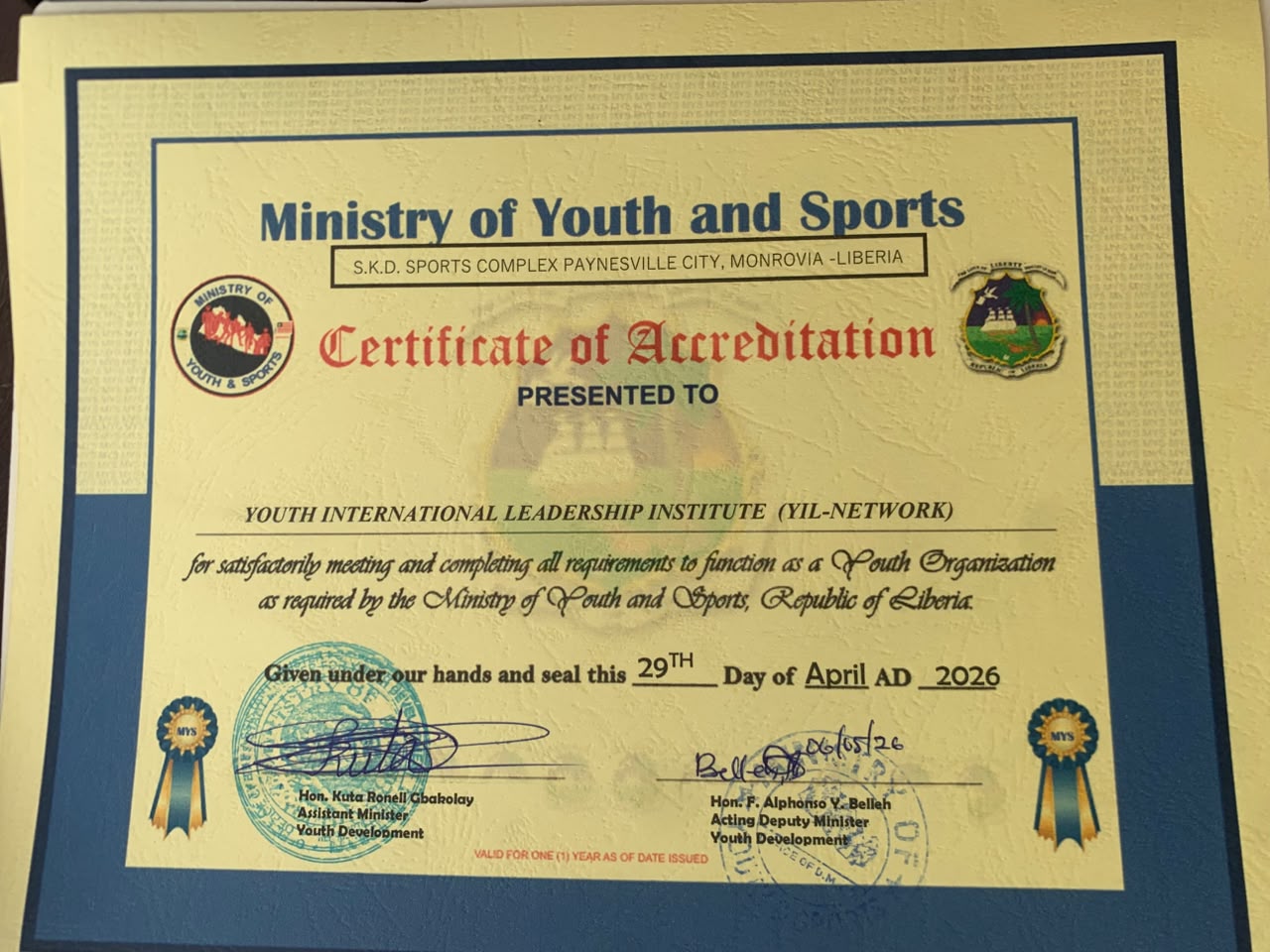 YIL-Network Earns Official Accreditation from Liberia's Ministry of Youth and Sports