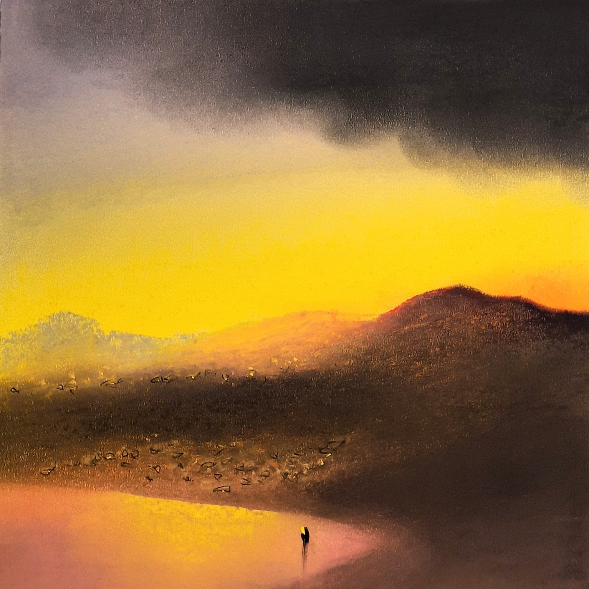 Si fa sera sulle coscienze del mondo, pastello secco su carta cm 29x29, 2026