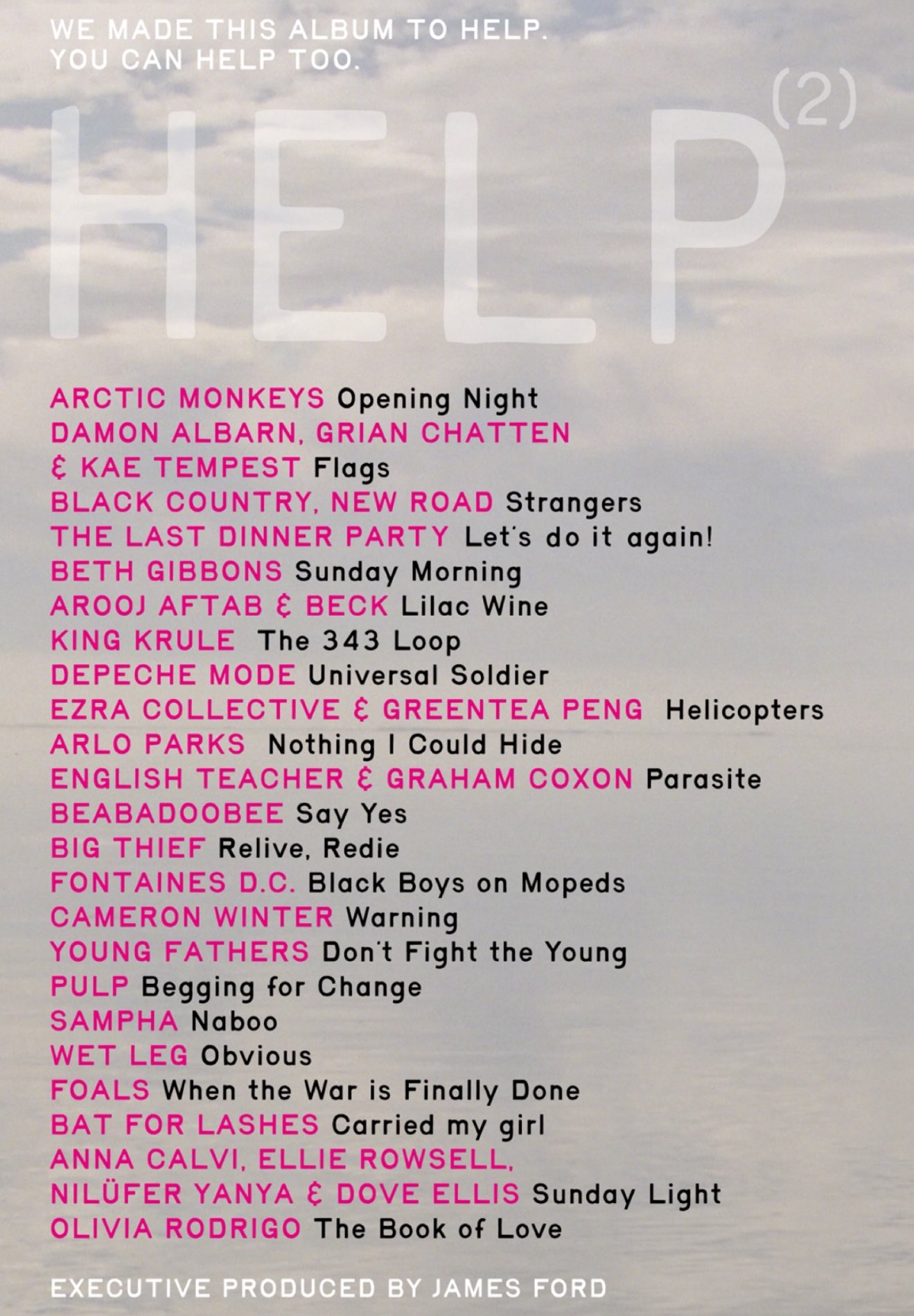 A visual list of the 23 tracks on the ‘HELP(2)’ charity album, featuring artists like Arctic Monkeys with ‘Opening Night’, Damon Albarn, Olivia Rodrigo, Depeche Mode, and Fontaines D.C. for War Child Records