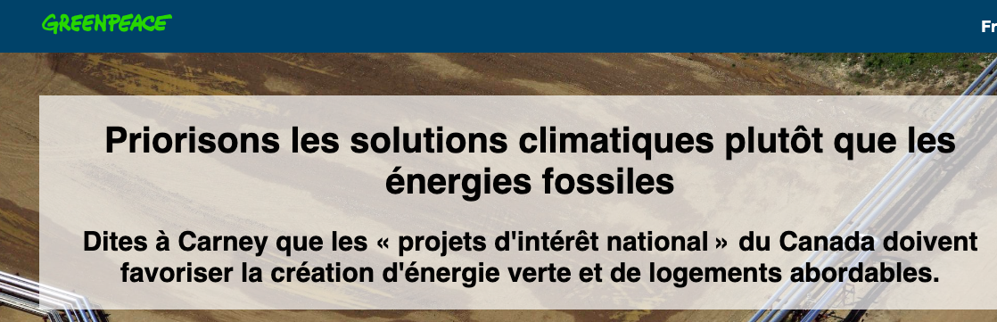 Pétition C5 -Priorisons les solutions climatiques plutôt que les énergies fossiles
Dites à Carney que les « projets d'intérêt national » du Canada doivent favoriser la création d'énergie verte et de logements abordables.