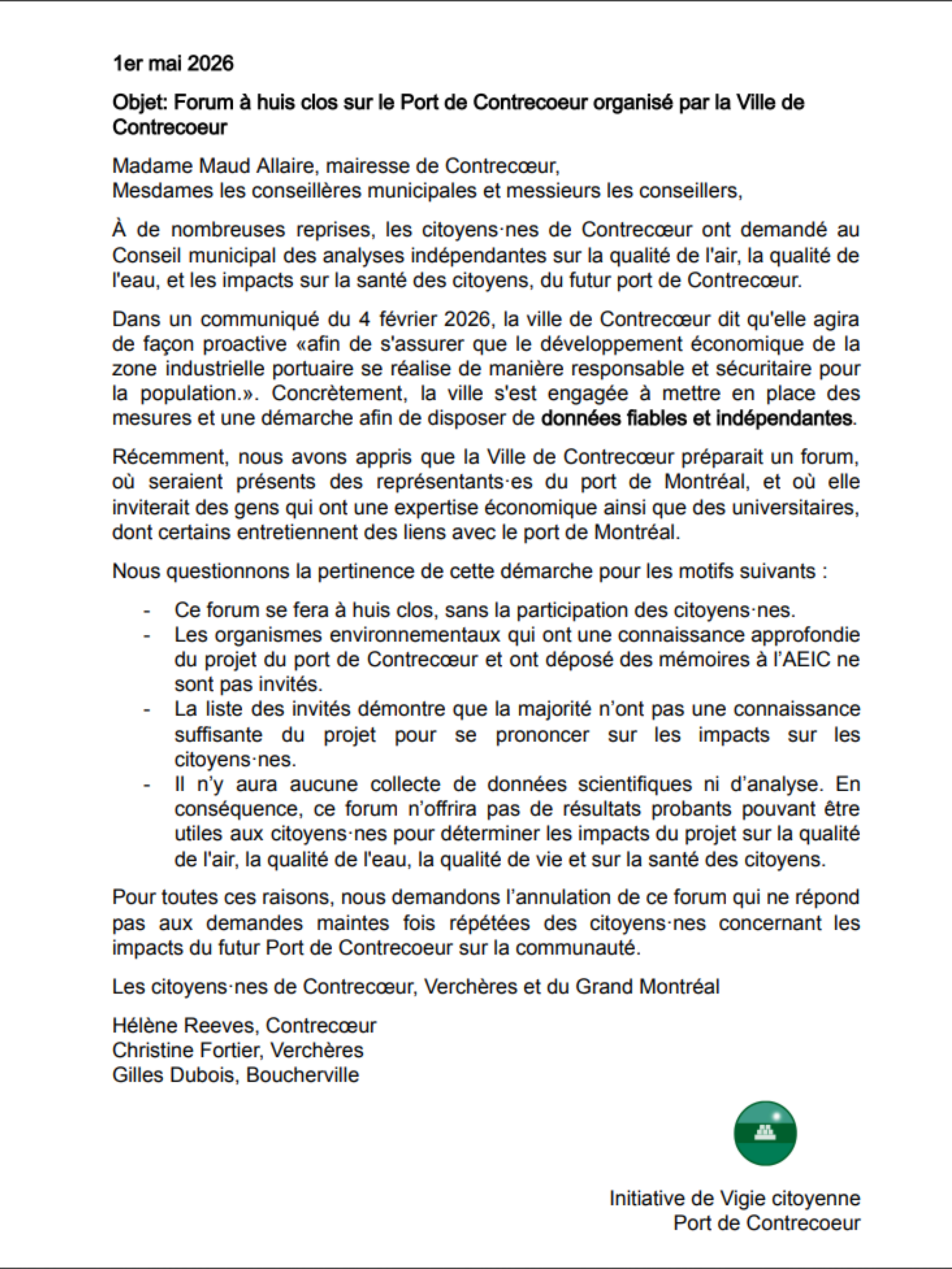 Un forum à huis clos sur le port de Contrecoeur par la Ville de Contrecoeur : Opposition citoyenne !