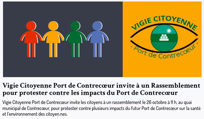 Le 23 octobre 2025 - le Contrecourant - Vigie Citoyenne Port de Contrecœur invite à un Rassemblement pour protester contre les impacts du Port de Contrecœur