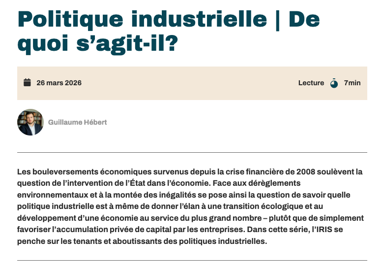 Politique industrielle | De quoi s’agit-il? - Une analyse de l'IRIS le 26 mars 2026