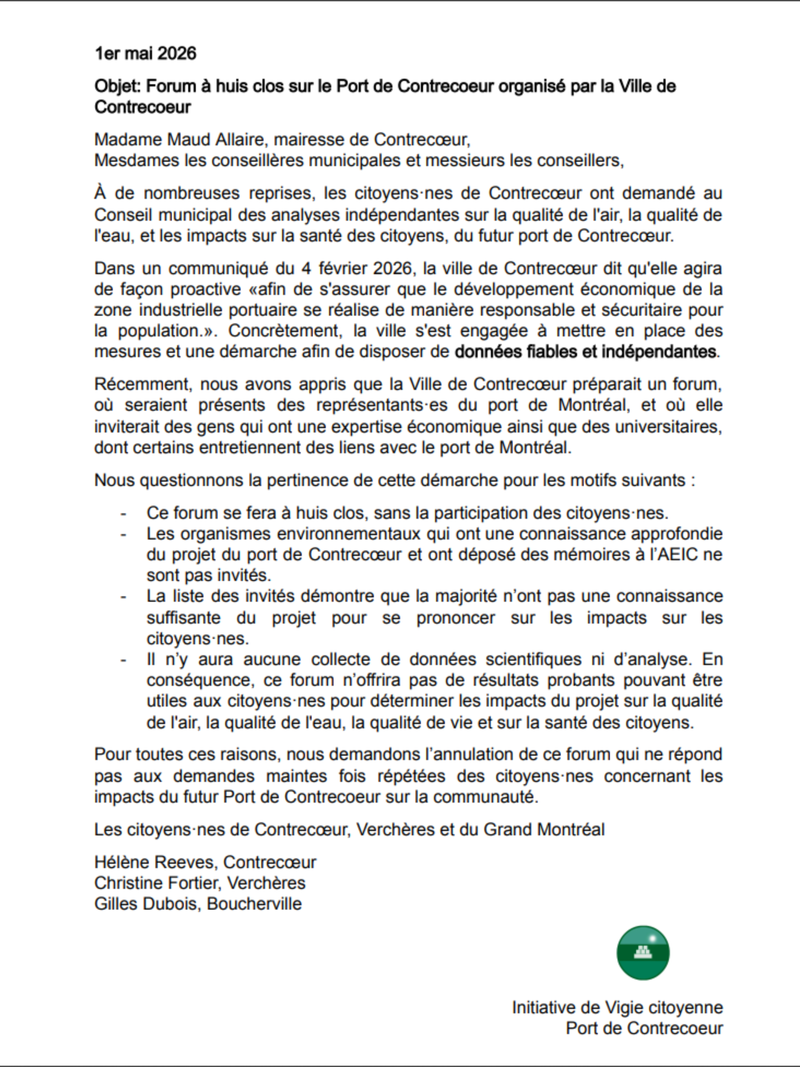 Un forum à huis clos sur le port de Contrecoeur par la Ville de Contrecoeur : Opposition citoyenne !