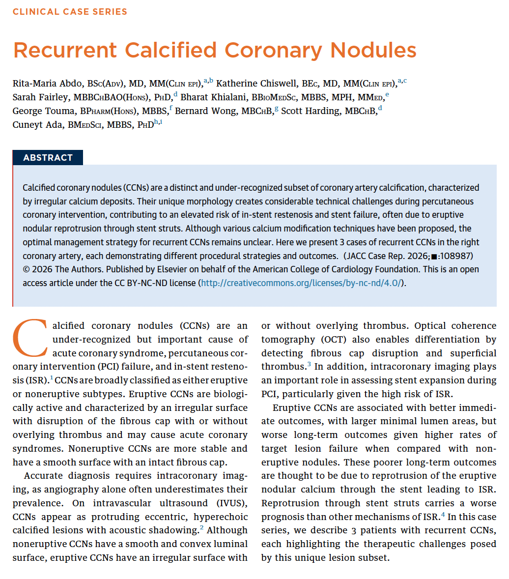 Research Contribution: Publication in JACC: Case Reports – Recurrent Calcified Coronary Nodules