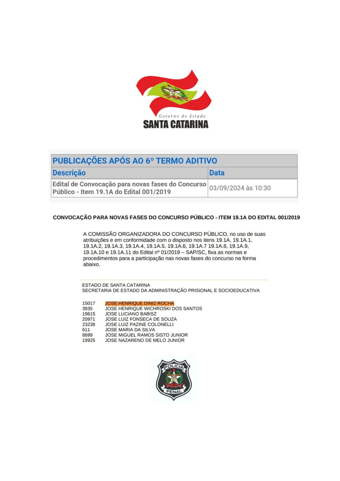 Convocação Polícia Penal de Santa Catarina