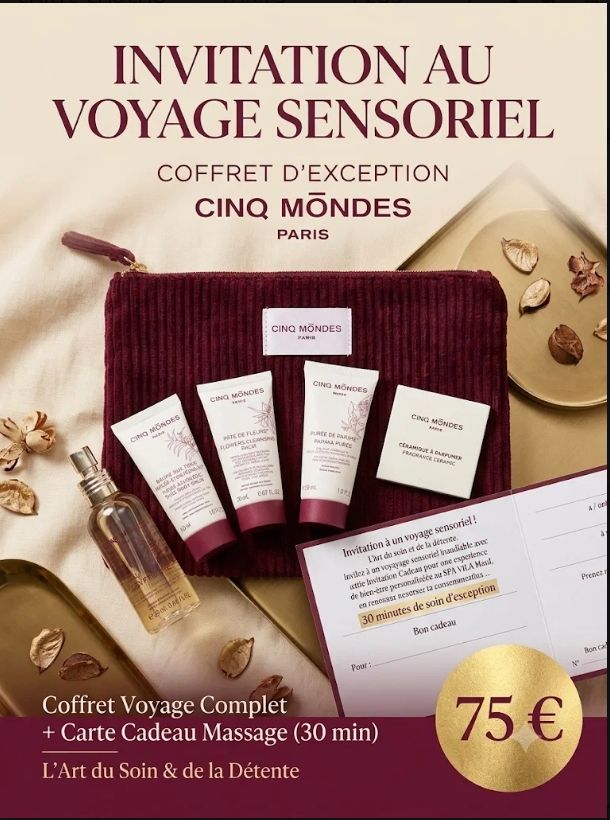 INVITATION AU VOYAGE SENSORIEL - Massage Relaxant (30mn) & Trousse Évasion 5 produits (Cinq Mondes®) & Céramique à parfumer