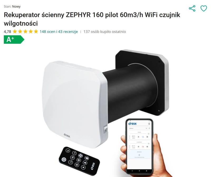 Rekuperator Ścienny ZEPHYR 160 - 60m3/h WiFi