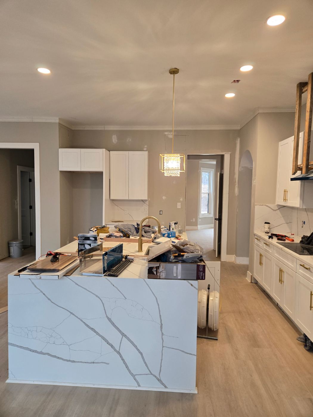 Kitchen island pendant and recessed lighting installed by Stickler’s Electrical Service, electrician serving Maiden, NC