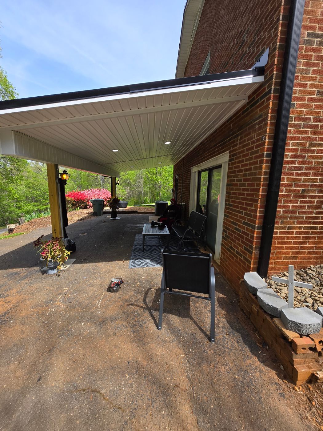 Covered patio lighting wired by Stickler’s Electrical Service, electrician serving Rutherford College, NC