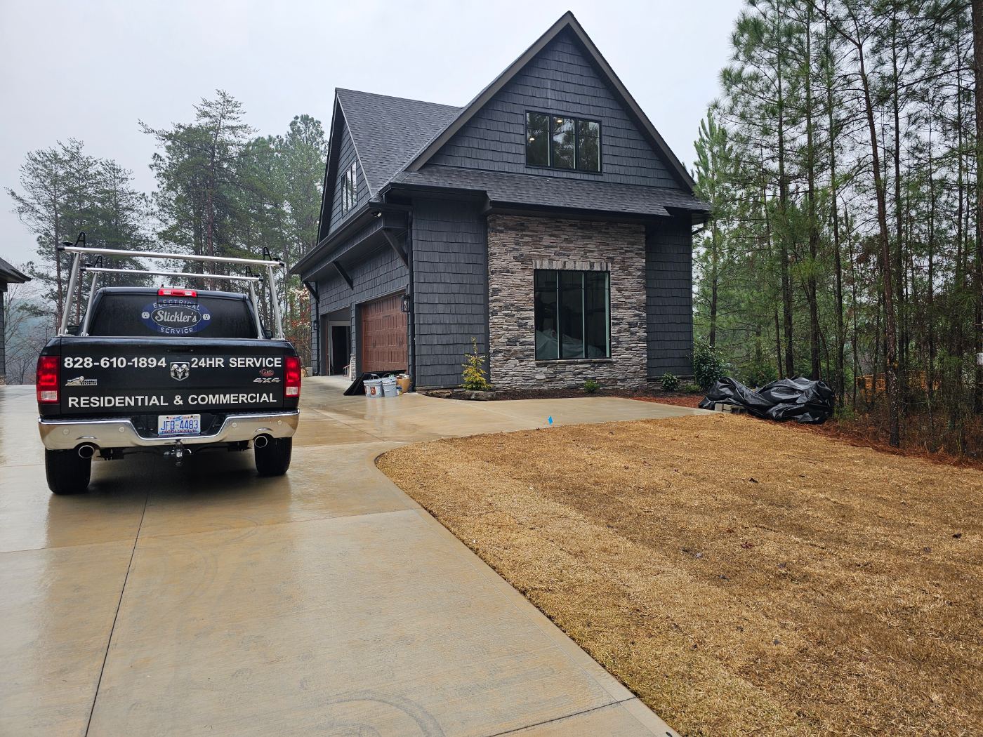 Stickler’s Electrical Service truck at a new custom home wiring job, electrician serving Connelly Springs, NC