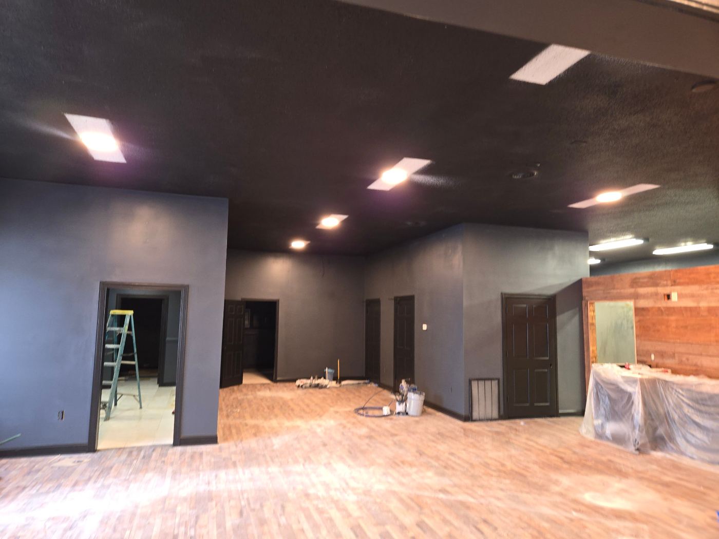Wafer lights installed in a dark painted ceiling in a commercial space in Hudson, NC