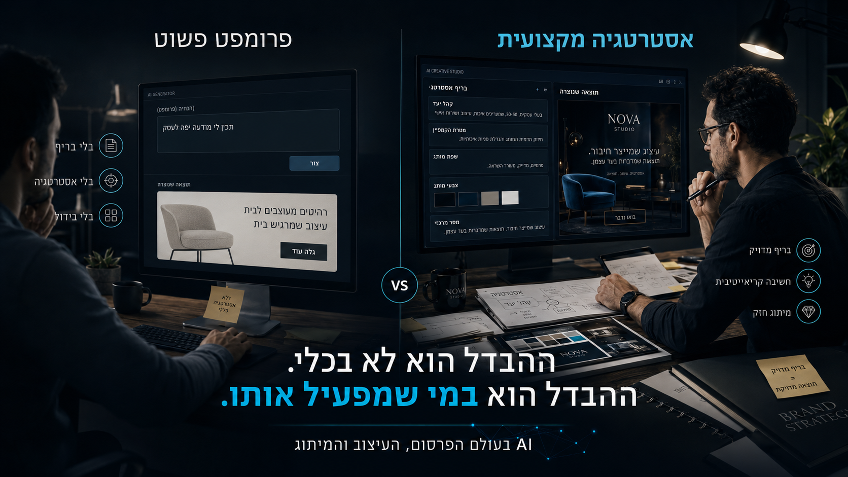 AI בפרסום, עיצוב ומיתוג – השוואה בין פרומפט פשוט לעבודה מקצועית המבוססת על אסטרטגיה, בריף, קריאייטיב ובניית מותג.