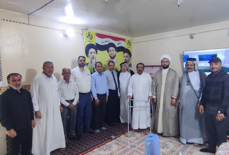 وفد تياري برئاسة أمين محافظة واسط الشيخ حميد الكعبي يزور الشاعر الحكيمي أبو خديجة العگيلي في قضاء الحي، بحضور مسؤول تنظيمات المحافظة السيد حسين بهية وعدد من مسؤولي الدوائر والملفات.