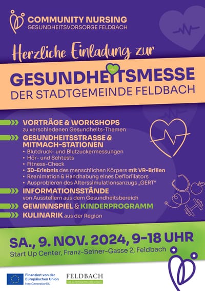 Gesundheitsmesse in Feldbach am Samstag, 09.11.24 ab 09.00 Uhr, kommt zu uns an den Stand