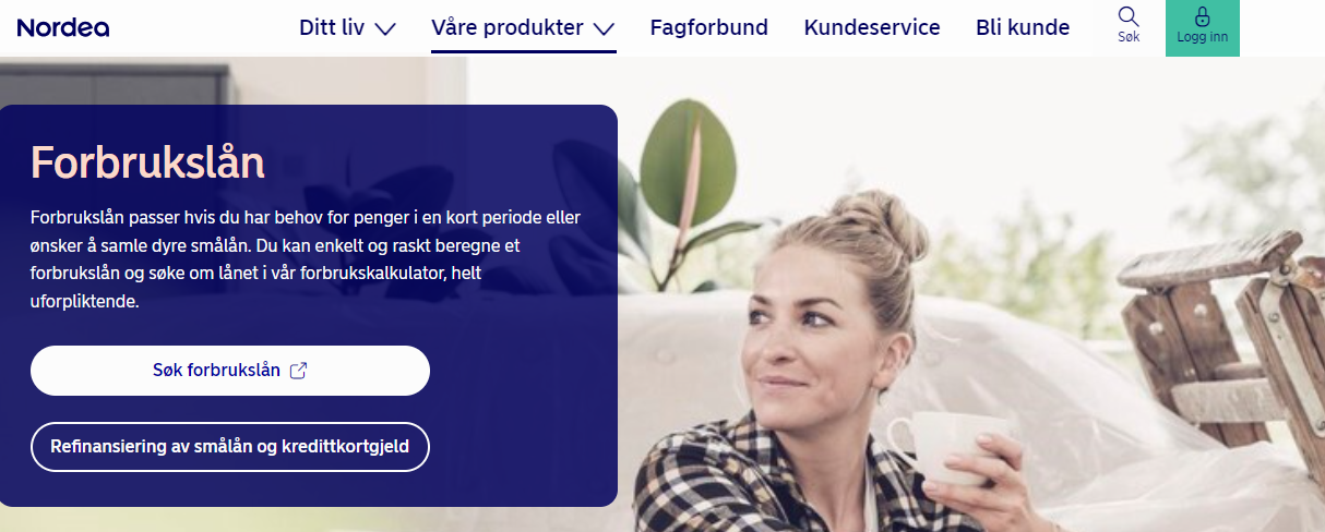 Søknadsskjema på forsiden av Nordea forbukslån