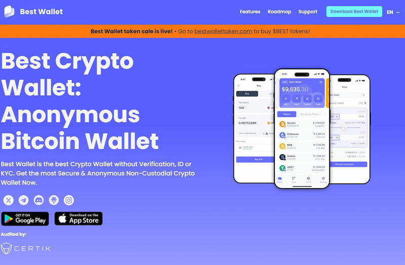 Fosiden til Beste Wallet som viser funksjoner for å kjøpe kryptovaluta