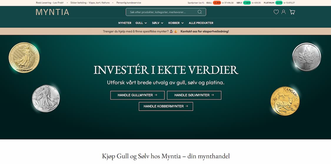 Forsiden til gullforhandler myntia.no