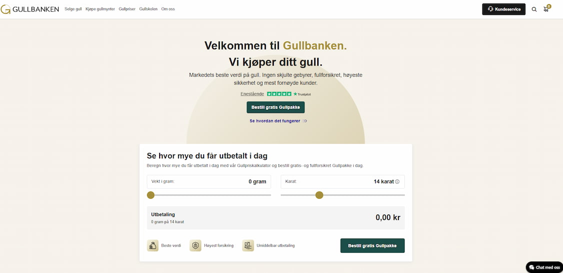 Forside til gullbanken gullbutikk på nett