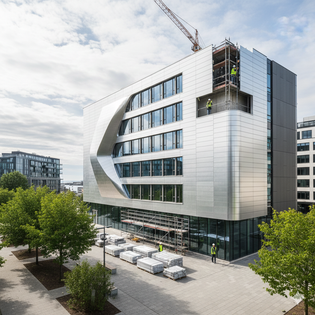 Arbeidere som legge på aluminiumsplater på et bygg