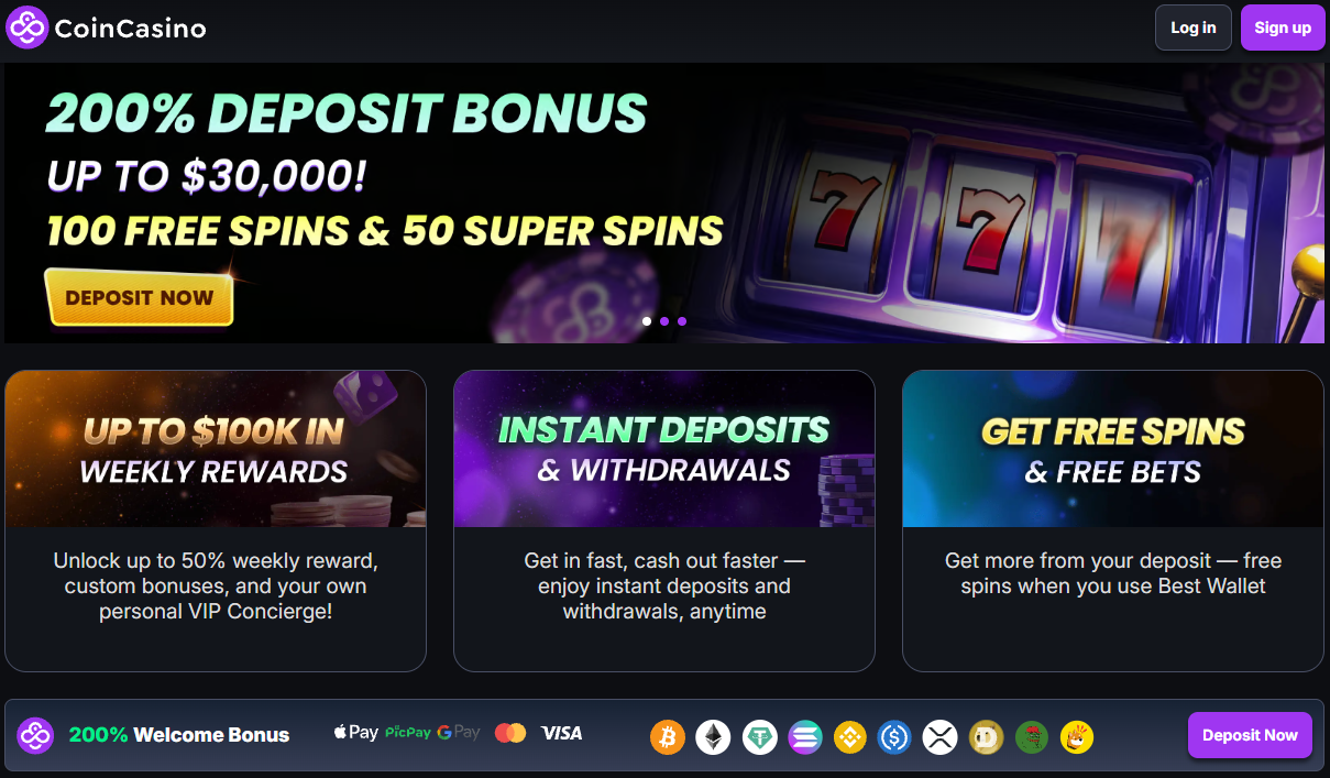 CoinCasino forside med bonustilbud til nye spillere
