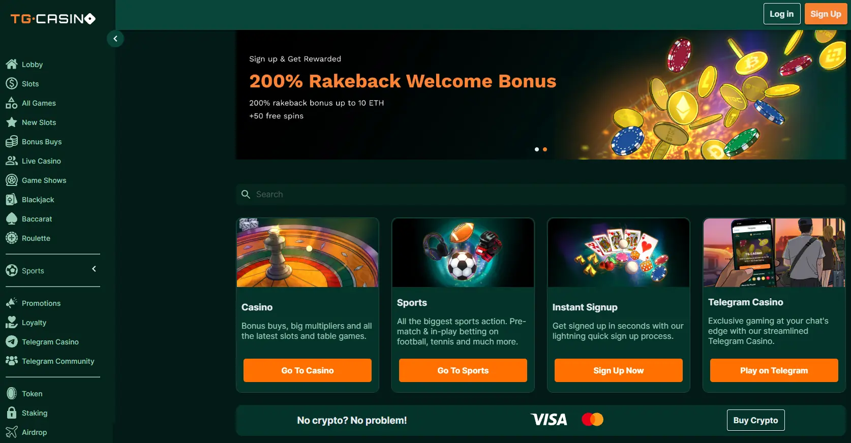 Viser forsiden til TG Casino med bonuser og spill