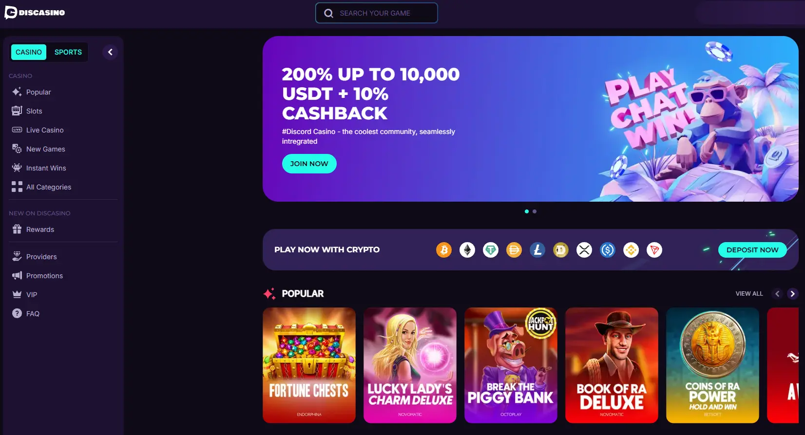 Discasino forside med oversikt over bonuser og betalingsmetoder