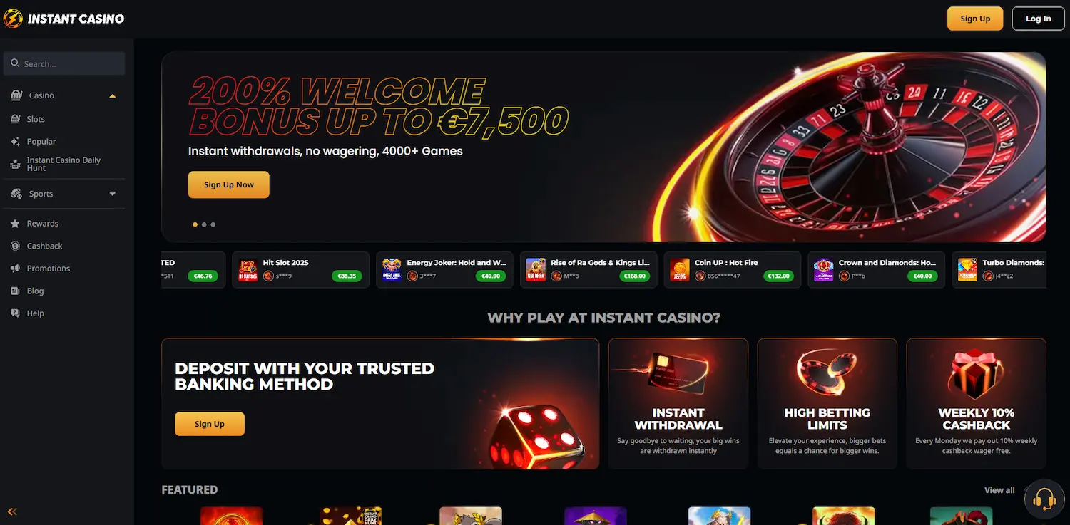 Viser bonuser og populære spill på Instant Casino