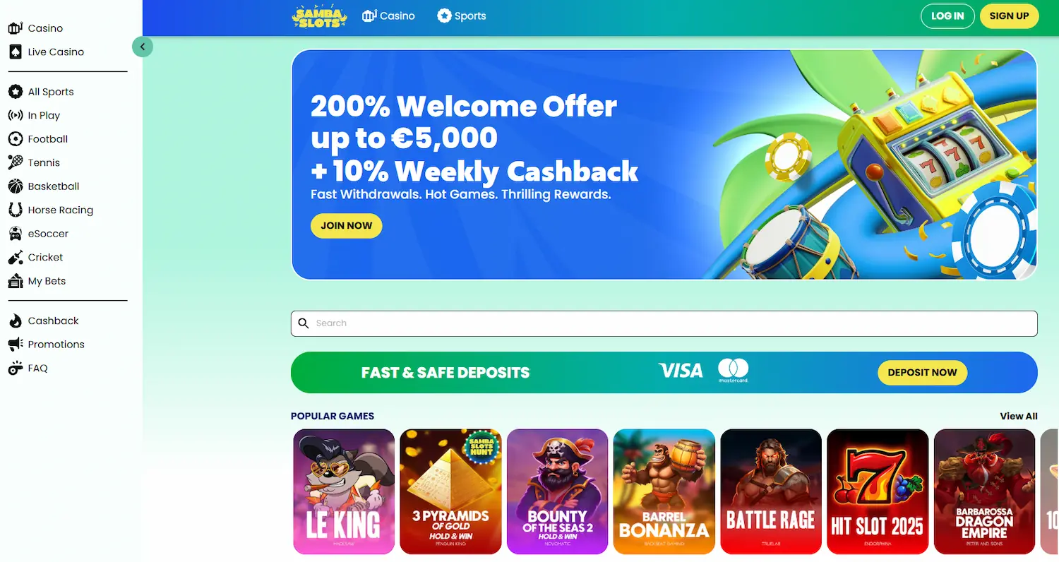 Viser bonuser og populære spill på Samba Slots