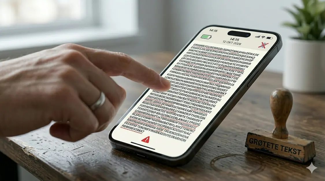 Viser hvordan mobilskjermen ser ut når teksten på en nettside er alt for tett