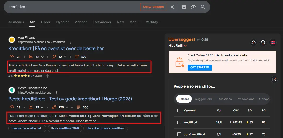Søk på Google for kredittkort med markerte tekstutdrag