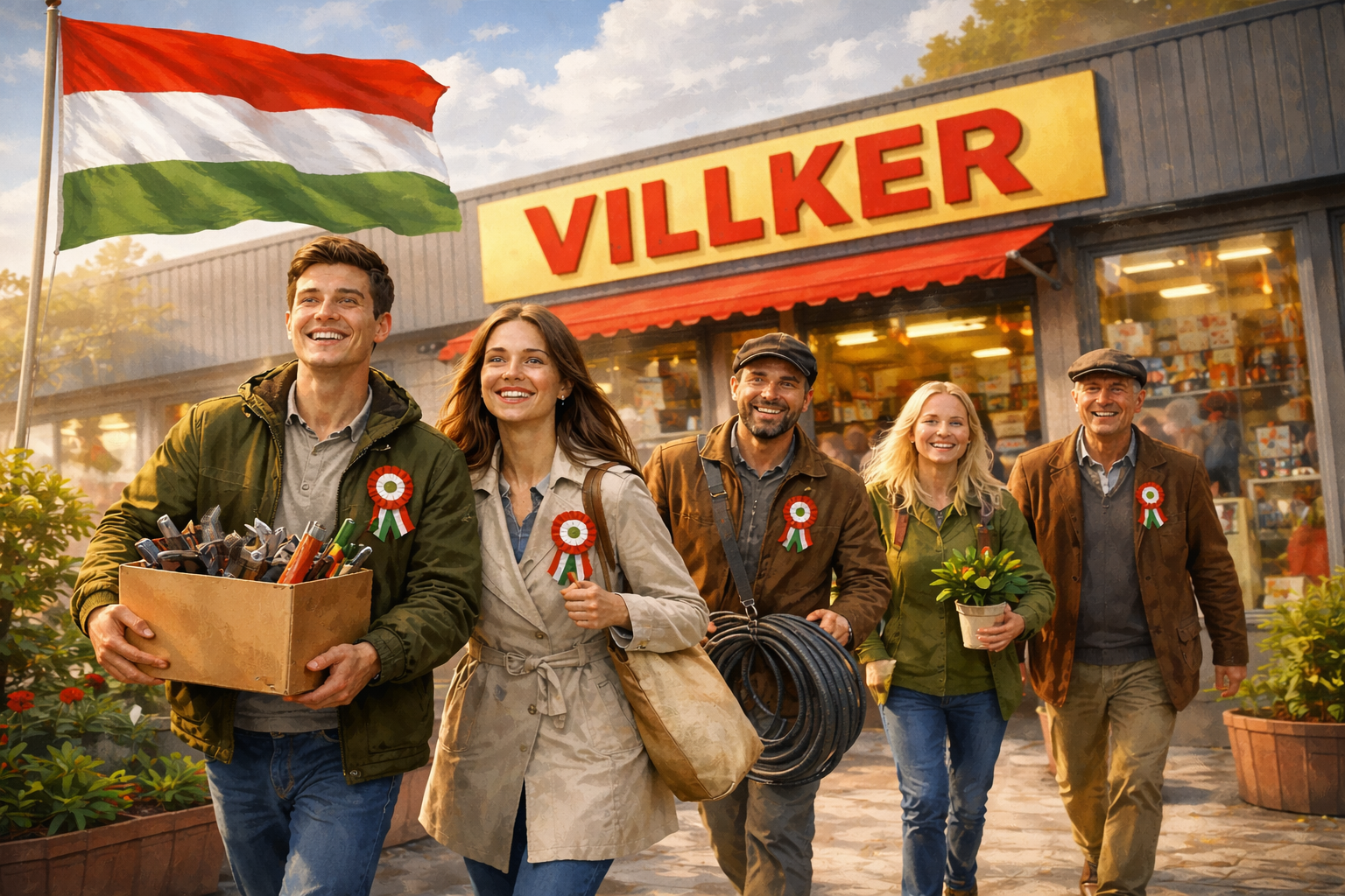 Kokárdák (nagy méretű is), nemzeti színű szalagok, és zászlók kaphatók.