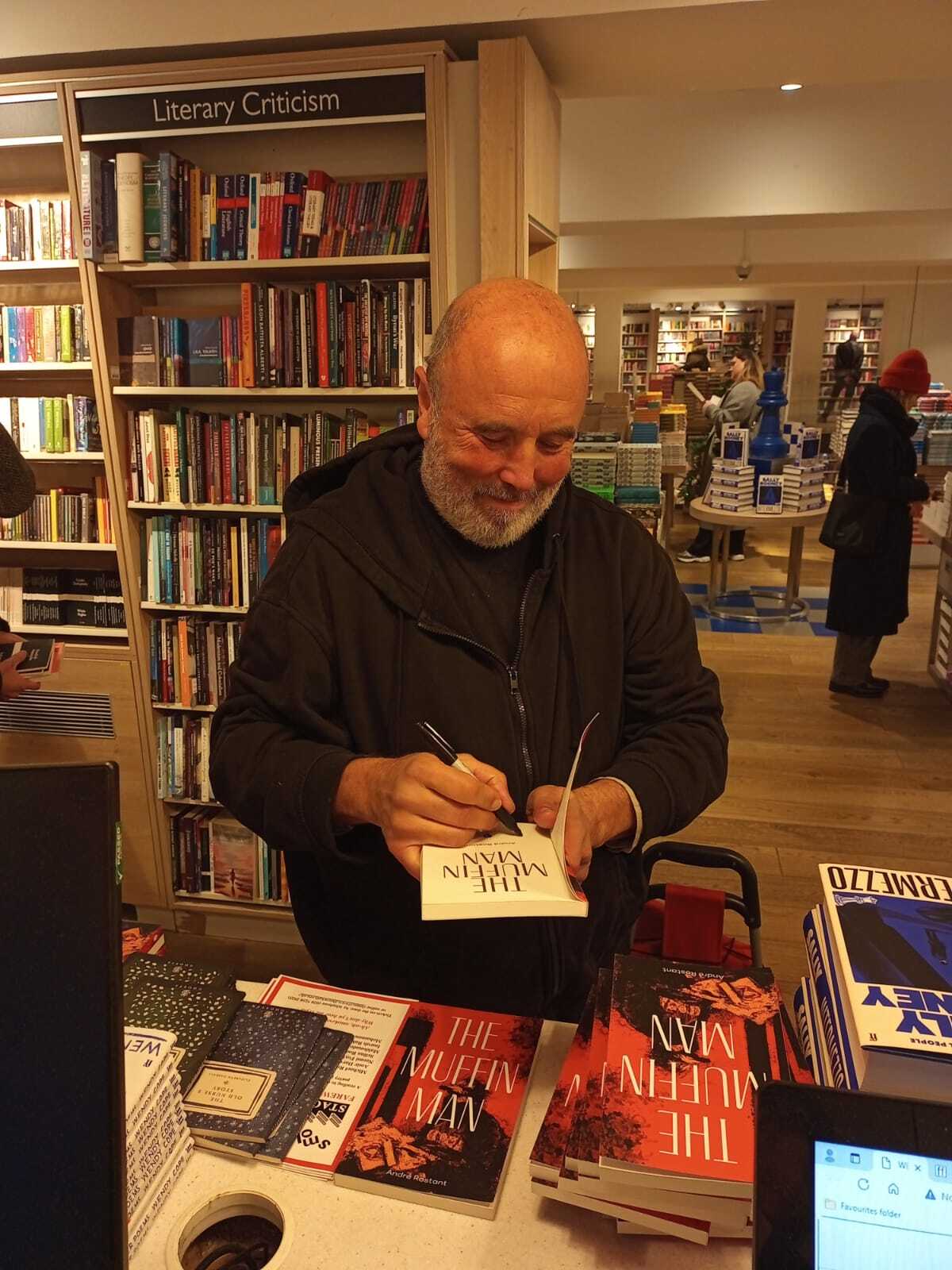 André Rostant, author, signing, The Muffin Man, at Foyles, Charing Cross Road.