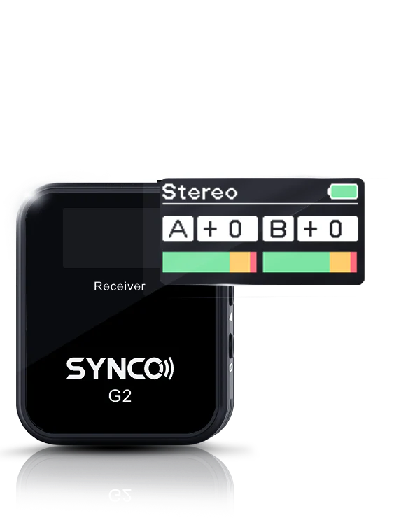 SYNCO G2(A2) has two wireless microphones on one channel. It carries TFT screen to show recording mode, battery status, and gain level.