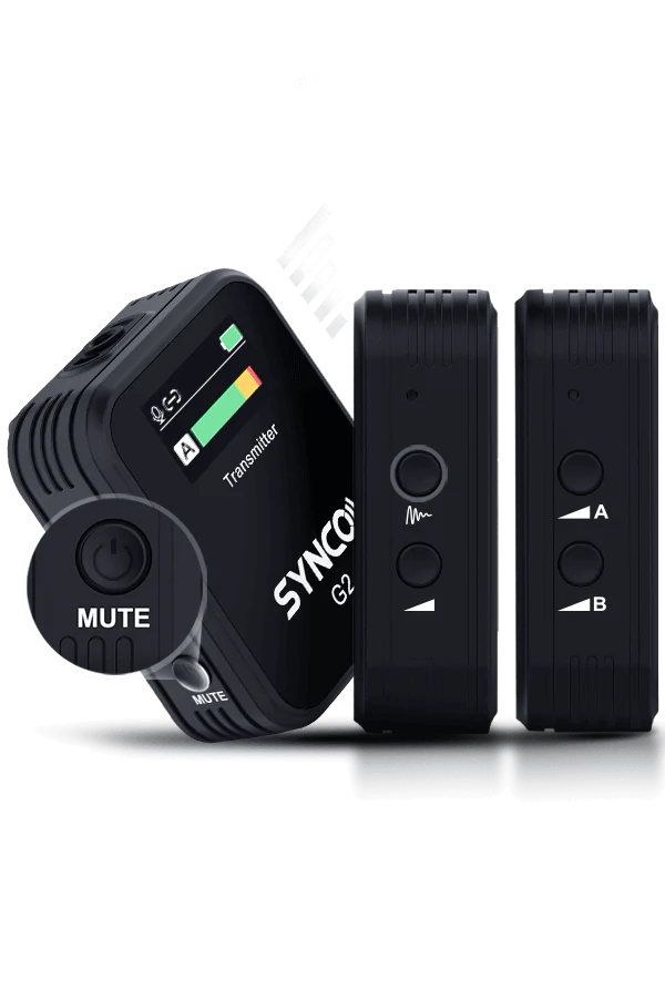 SYNCO G2(A2) has channel A/B gain control button on dual channel wireless microphone receiver. The transmitter features low cut and mute button.