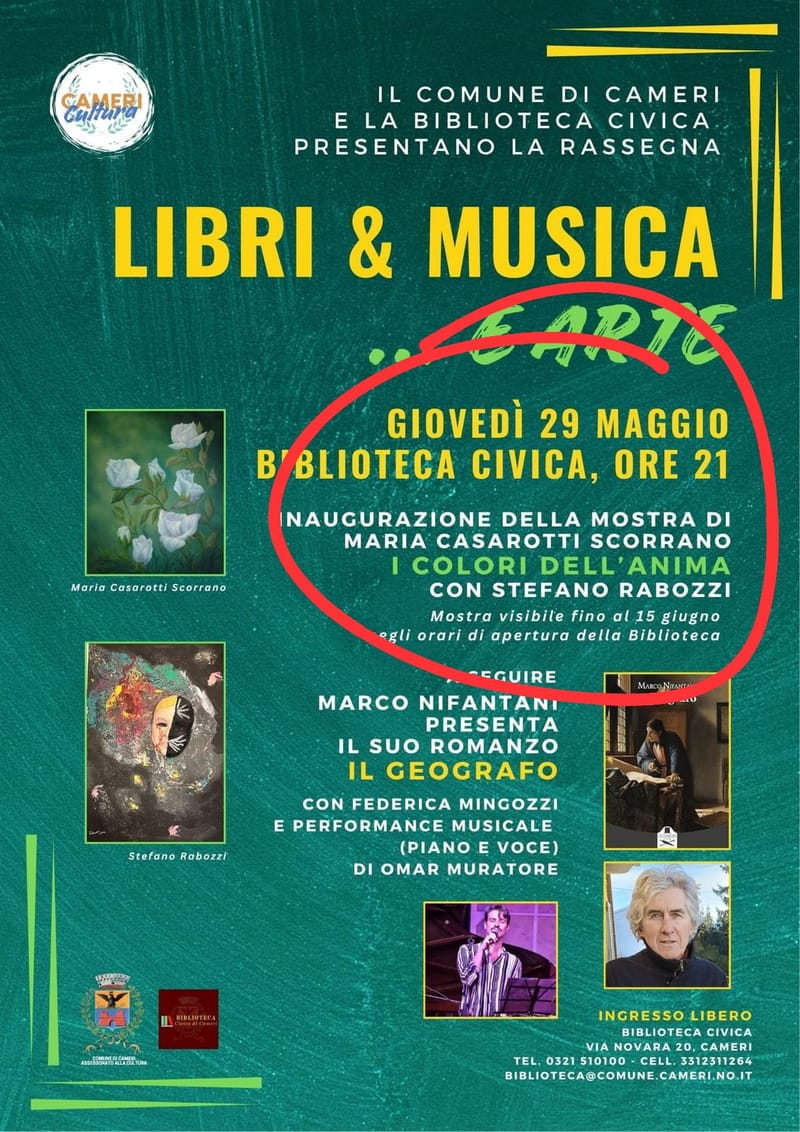 Il Comune di Cameri (NO) e la Biblioteca Civica presentano la Rassegna LIBRI&MUSICA ....E ARTE - I COLORI DELL'ANIMA