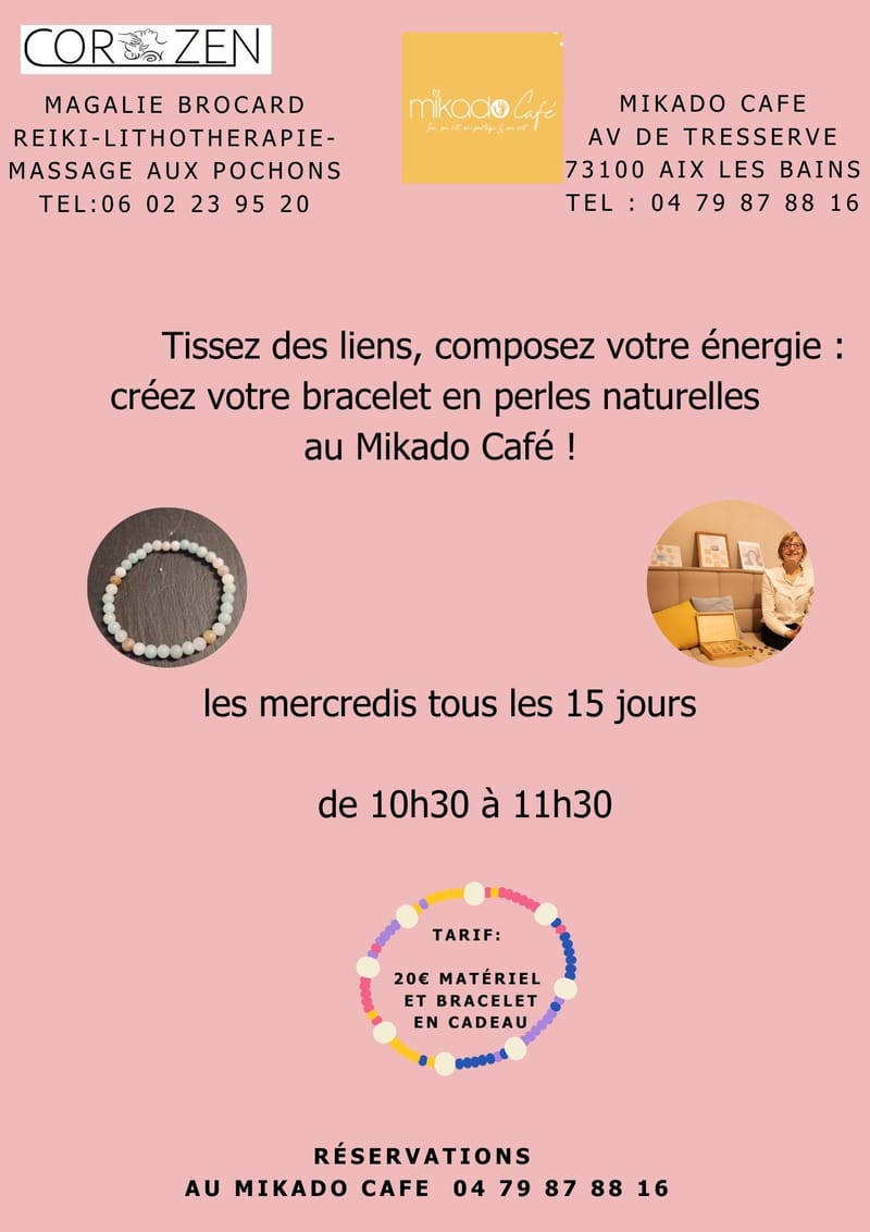 Atelier de création de bijoux en perles naturelles tous les 15 jours à partir du 26/03/2025