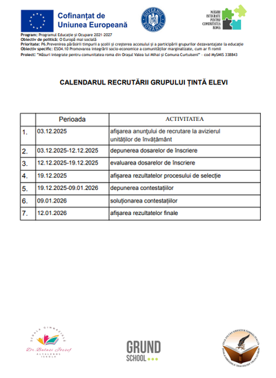 CALENDARUL RECRUTĂRII GRUPULUI ȚINTĂ ELEVI