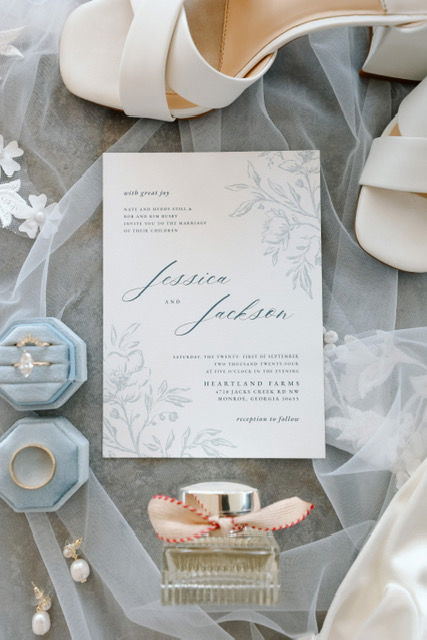 wedding invitation, details, rings, veil for Fall wedding Monroe, GA near Athens, Georgia